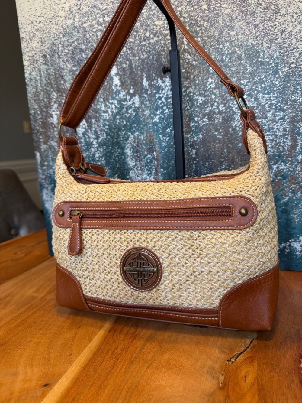 Stone Mountain Boho Woven Straw Faux Leather Crossbody Shoulder Bag Tan (VGUC) - Picture 1 of 16